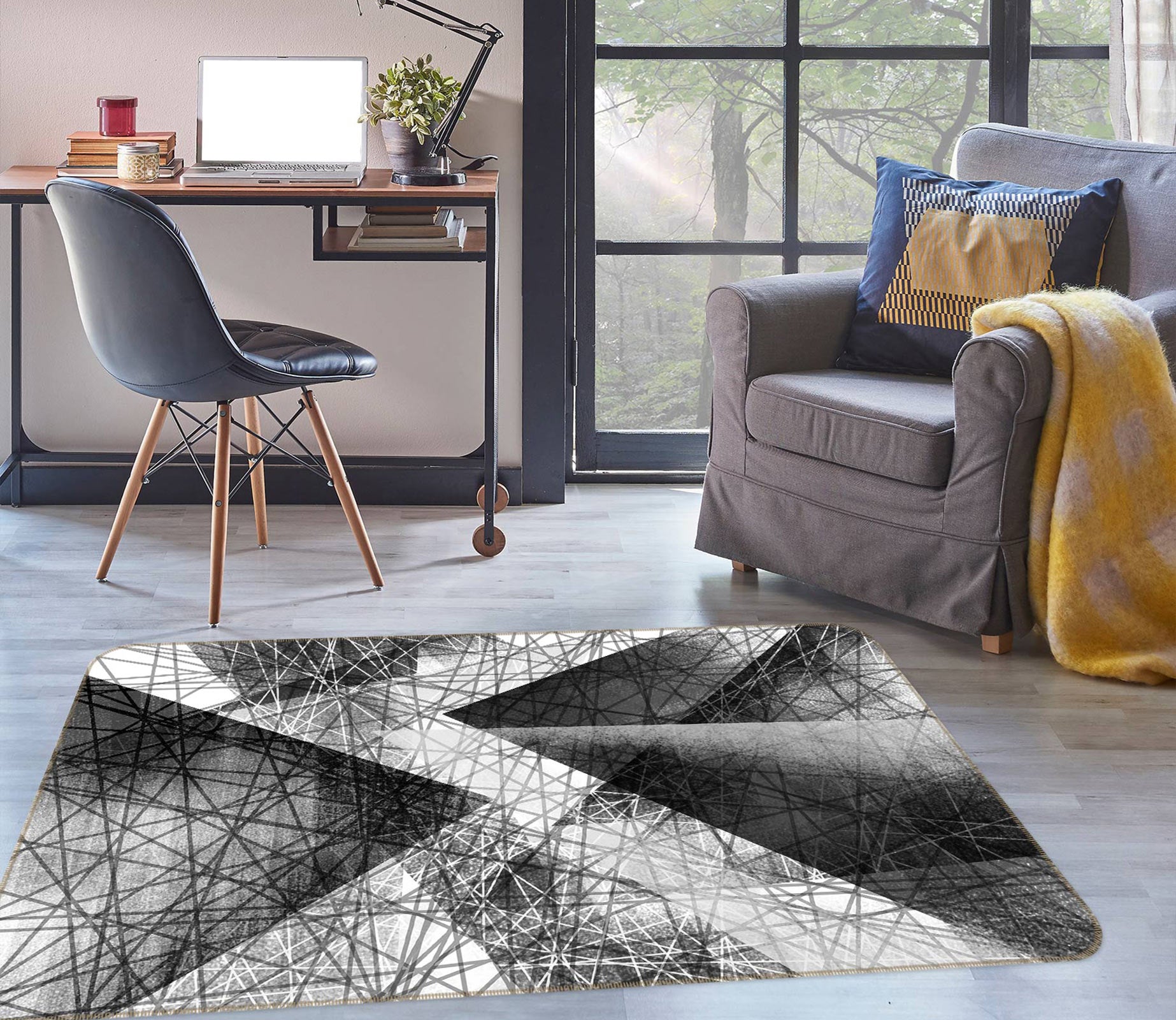 3D Black White Triangle Pattern 77041 Non Slip Rug Mat