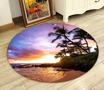 3D Seaside Coconut Tree 69113 Round Non Slip Rug Mat