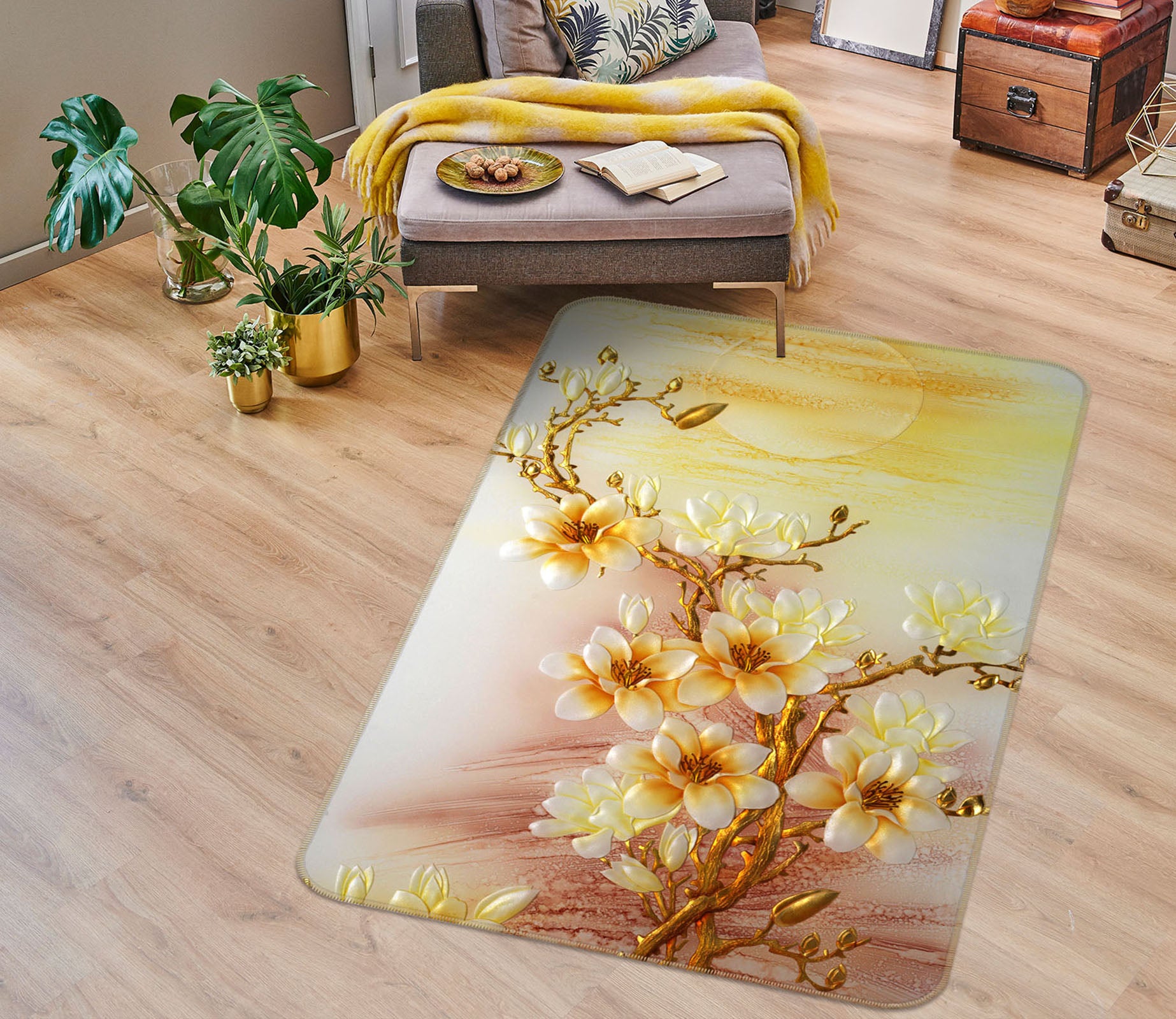 3D Gold Flower Branch 32225 Non Slip Rug Mat