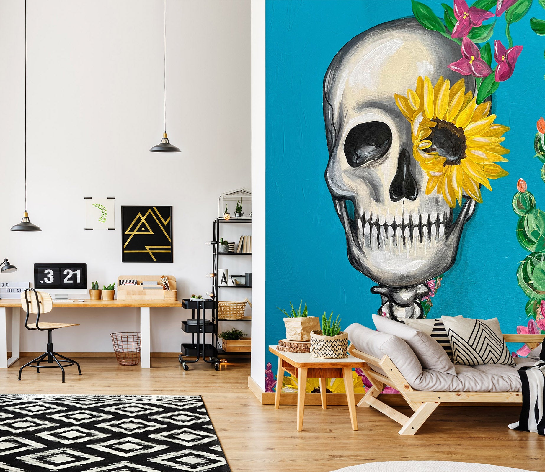 3D Skull Sunflower 1293 Jacqueline Reynoso Wall Mural Wall Murals
