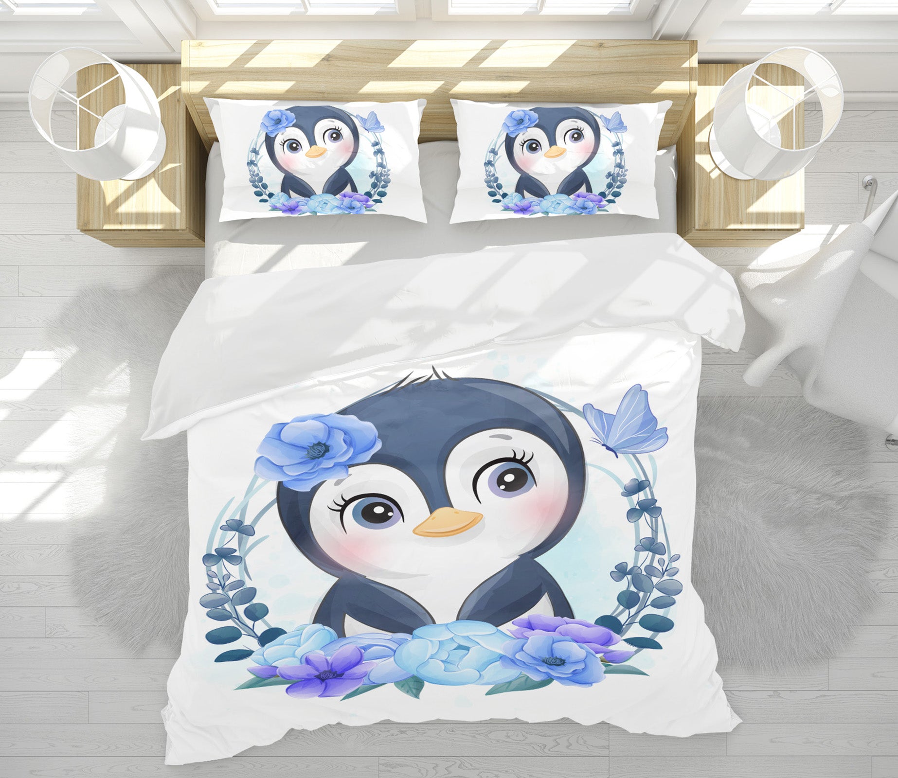 3D Blue Flower Penguin 58230 Bed Pillowcases Quilt