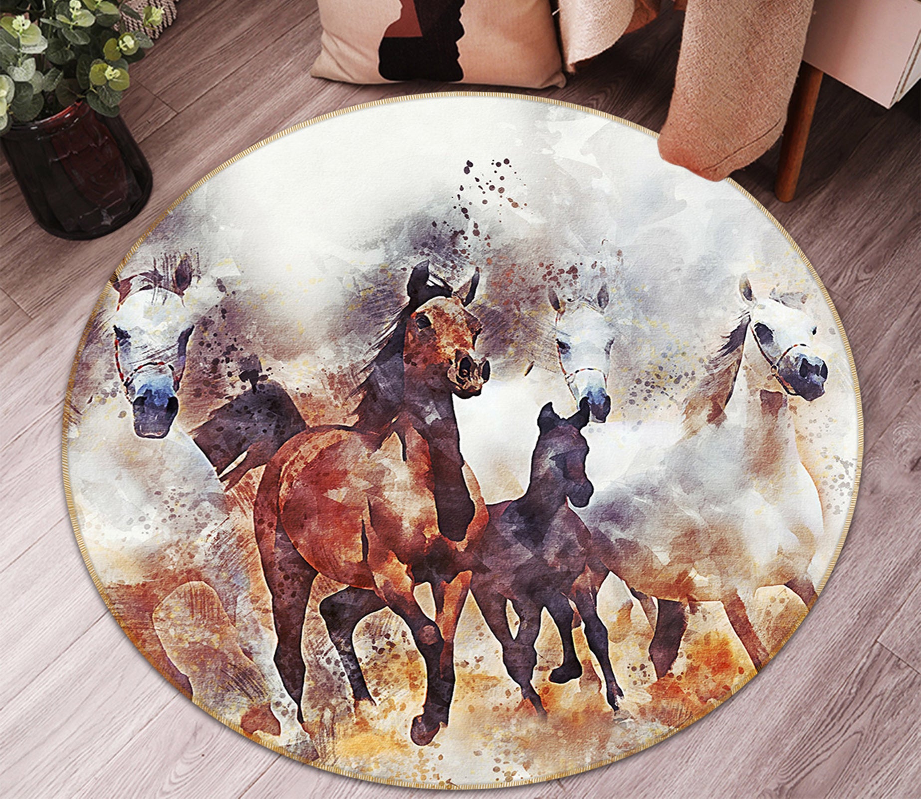 3D Horse Group 82243 Animal Round Non Slip Rug Mat