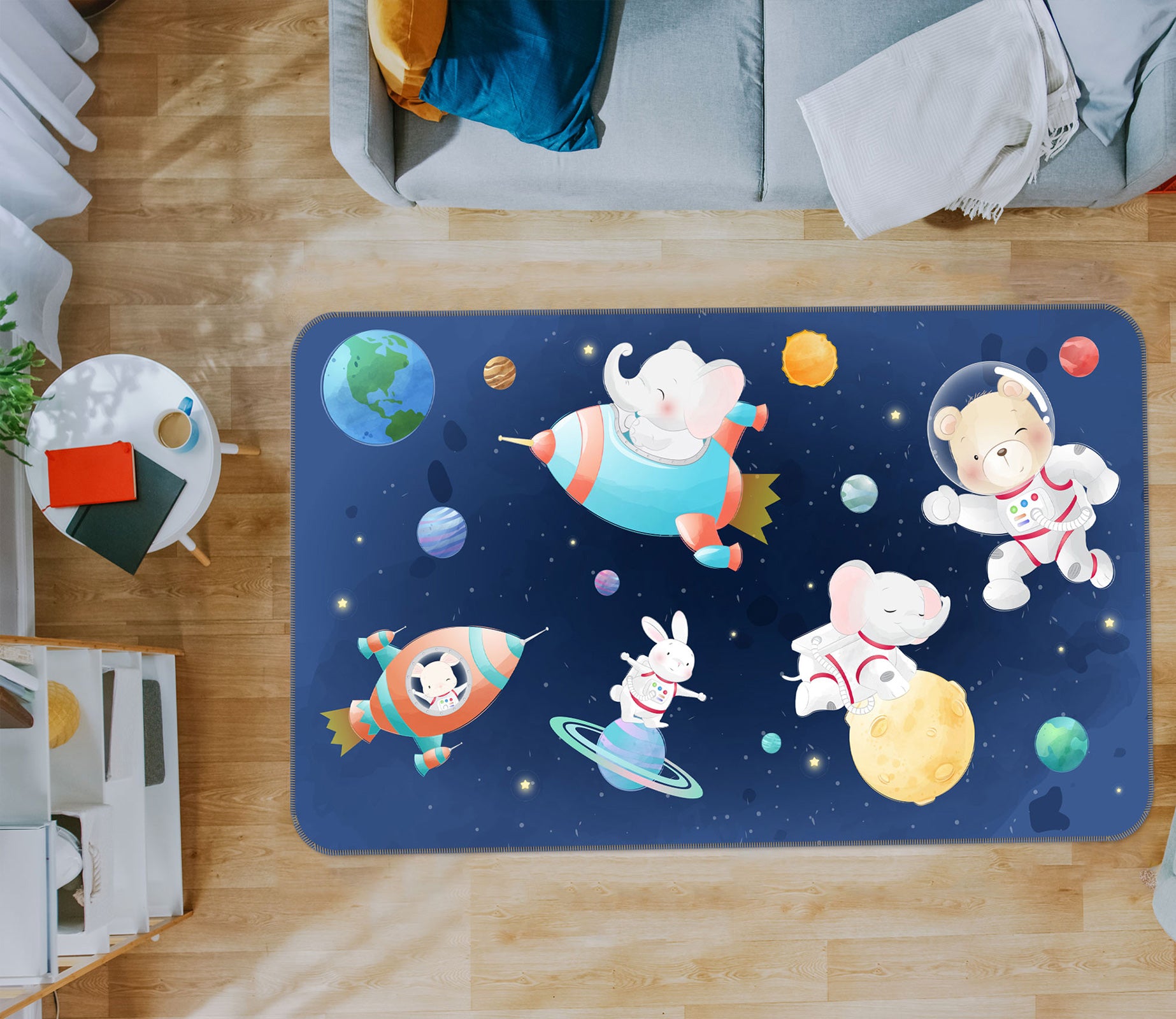 3D Cartoon Planet Rocket 30022 Non Slip Rug Mat