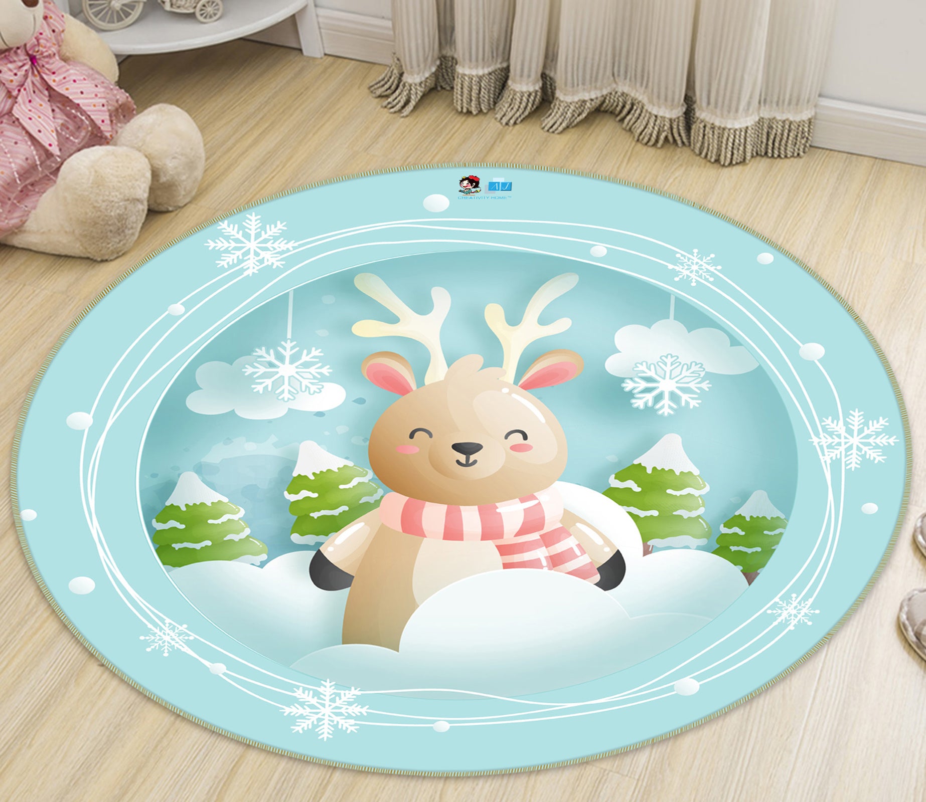 3D Snow Deer 74240 Round Non Slip Rug Mat