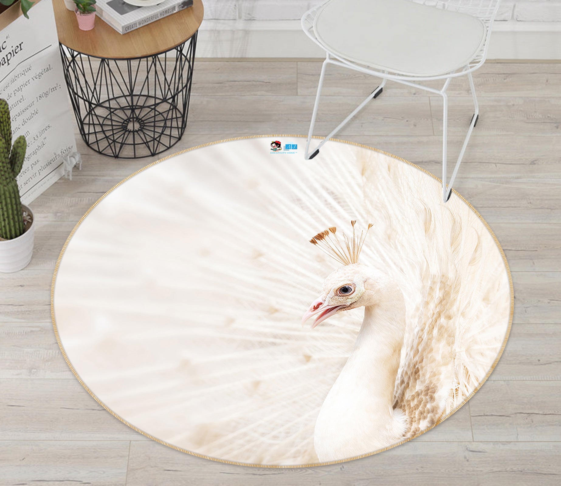 3D White Peacock 81193 Round Non Slip Rug Mat