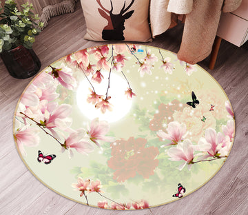 3D Pink Flower Branch Butterfly 81016 Round Non Slip Rug Mat