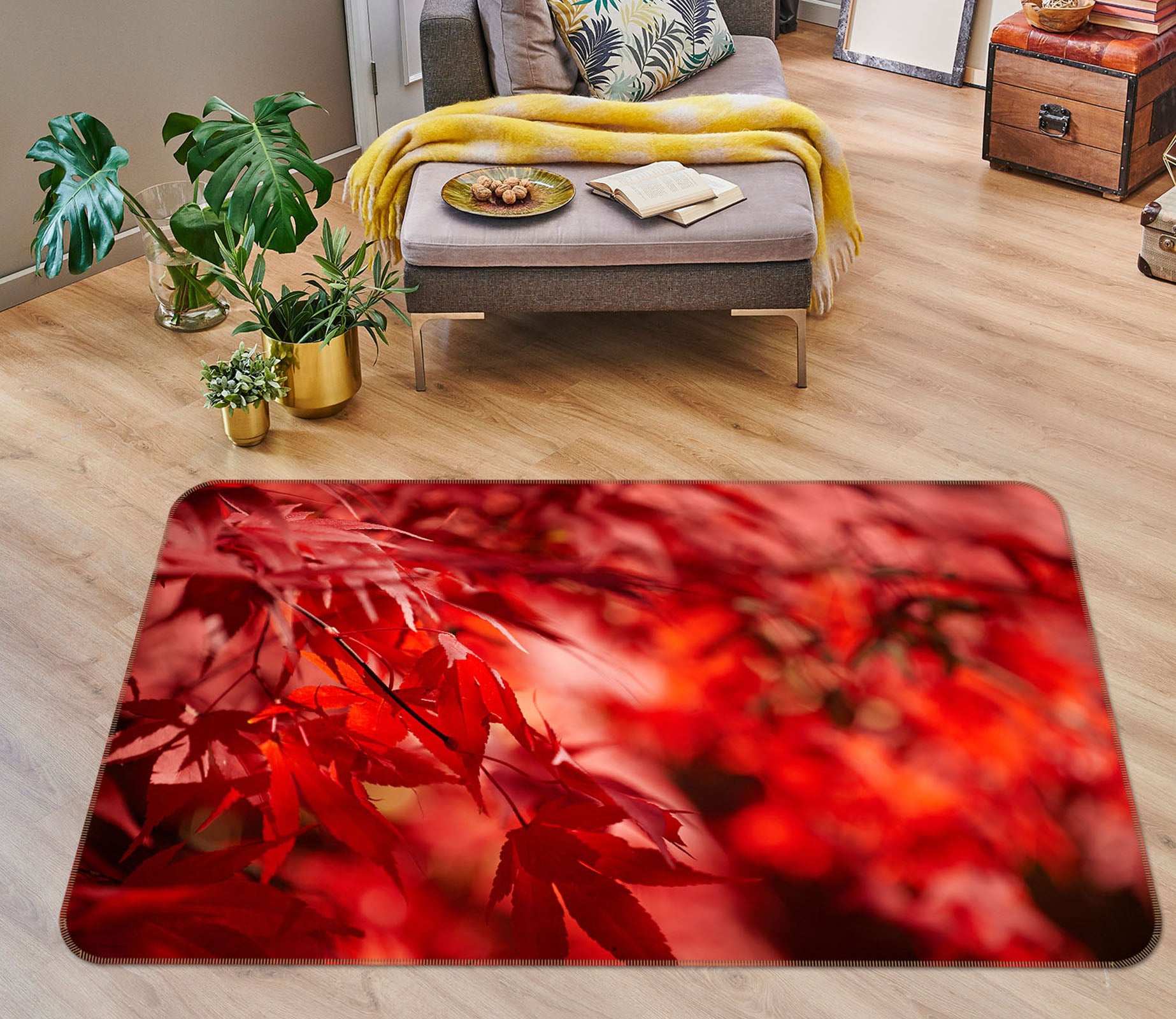 3D Red Maple Leaf 35096 Non Slip Rug Mat