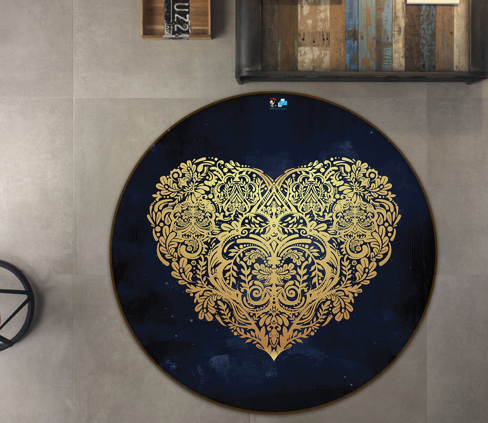 3D Golden Heart Pattern 75016 Round Non Slip Rug Mat