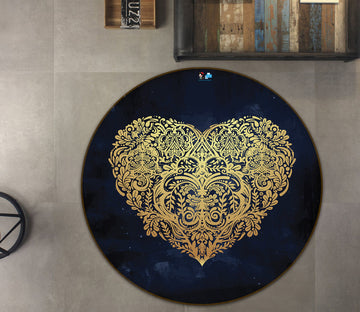 3D Golden Heart Pattern 75016 Round Non Slip Rug Mat