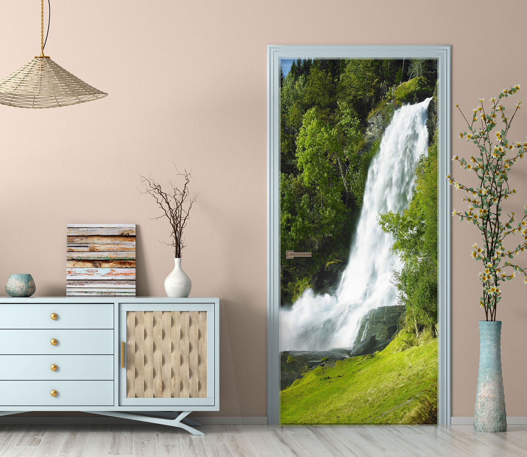 3D Cliff Tree Waterfall 066 Door Mural