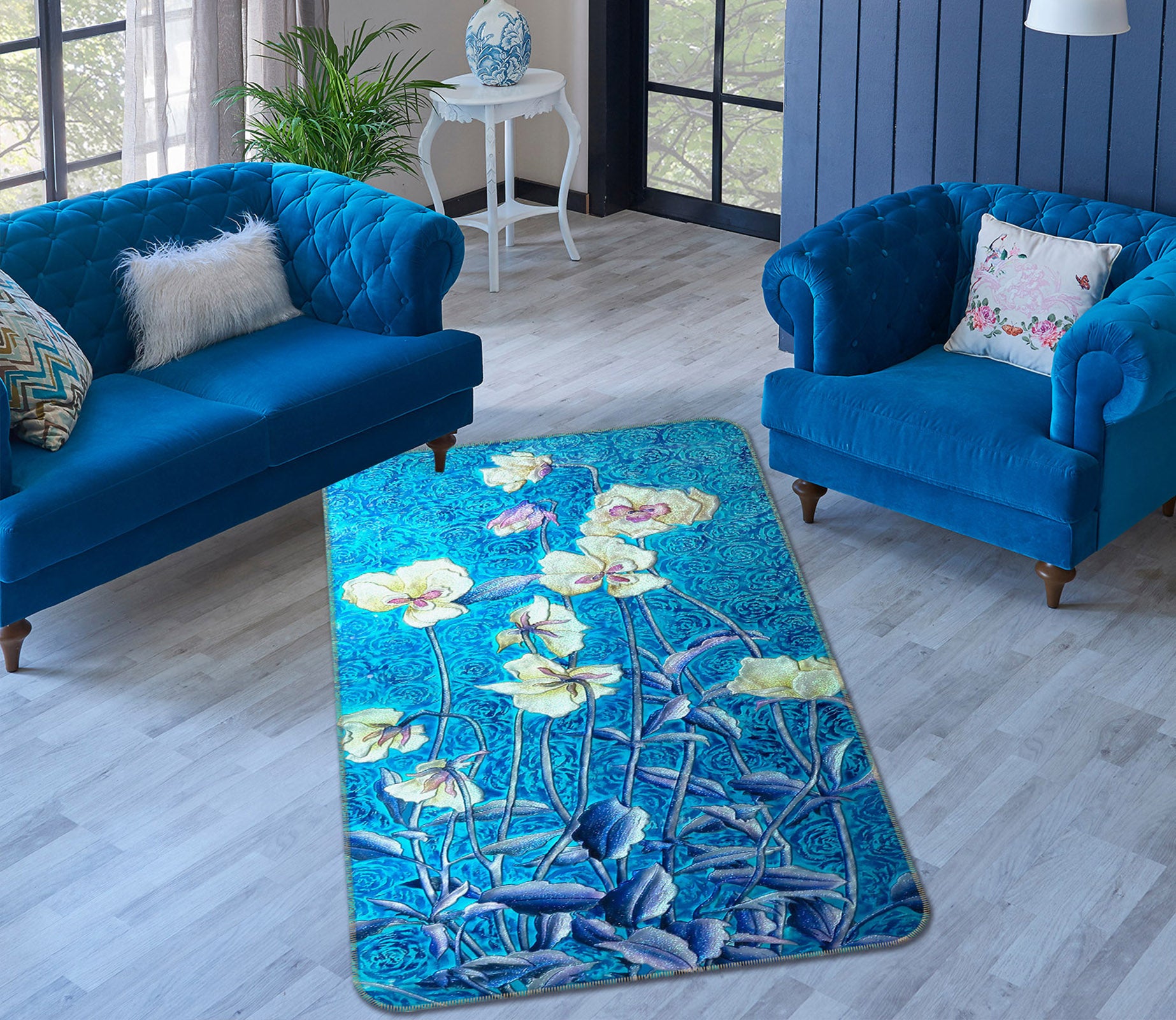 3D Blue Flowers 32212 Non Slip Rug Mat