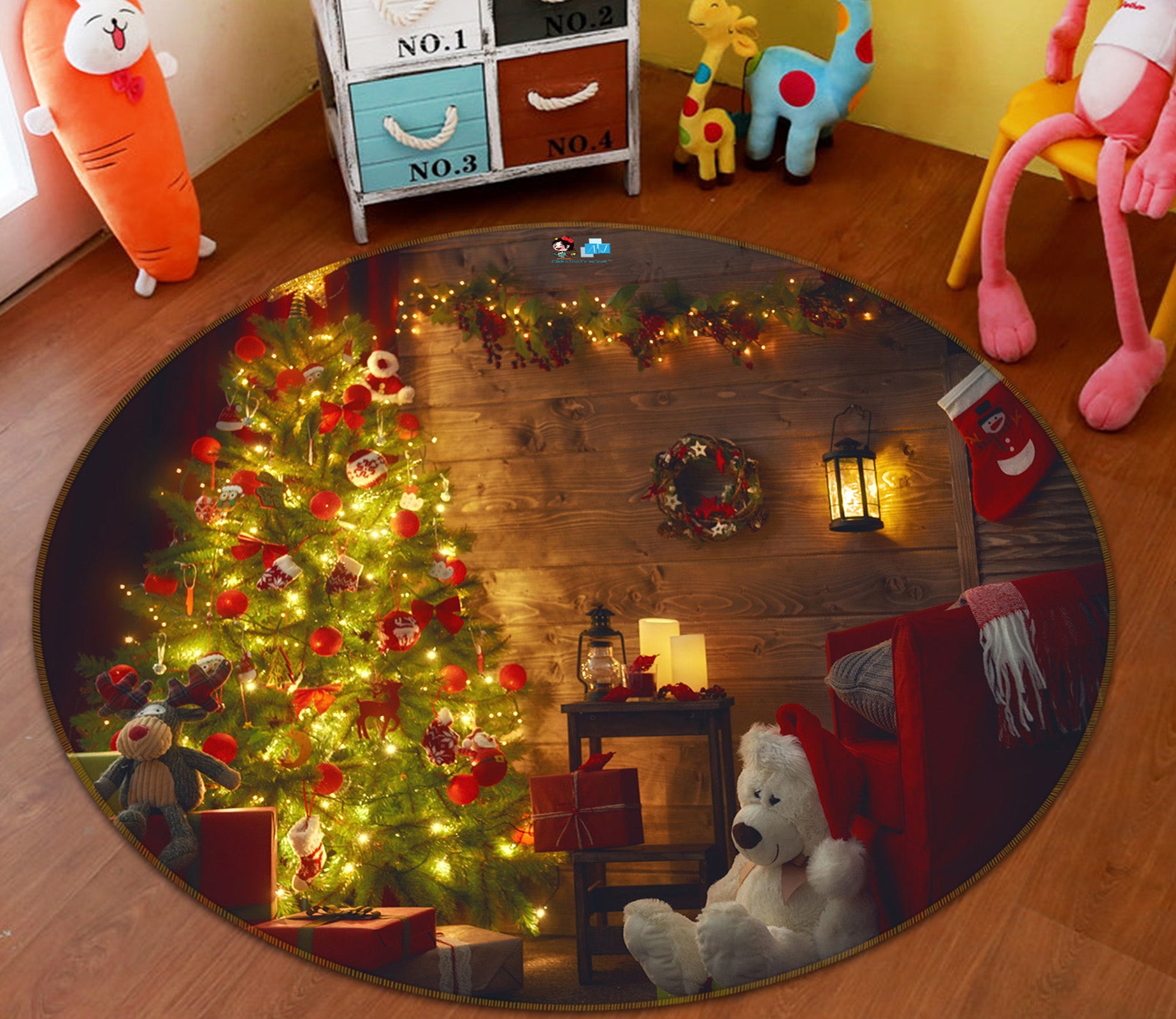 3D Tree Bear Doll 54153 Christmas Round Non Slip Rug Mat Xmas