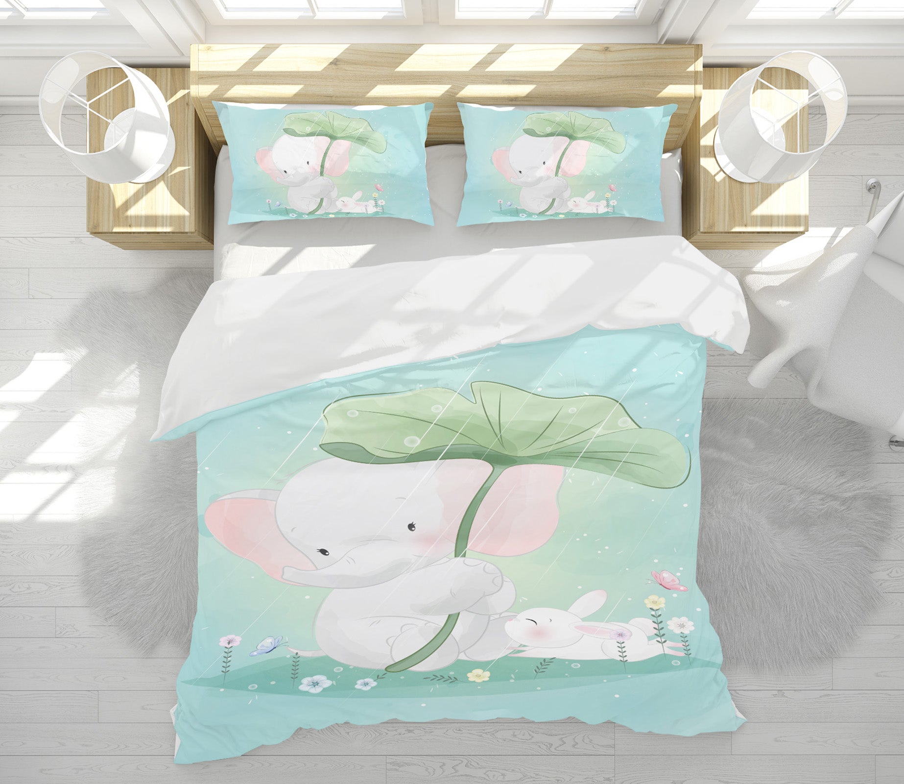 3D Elephant Lotus Leaf 58224 Bed Pillowcases Quilt