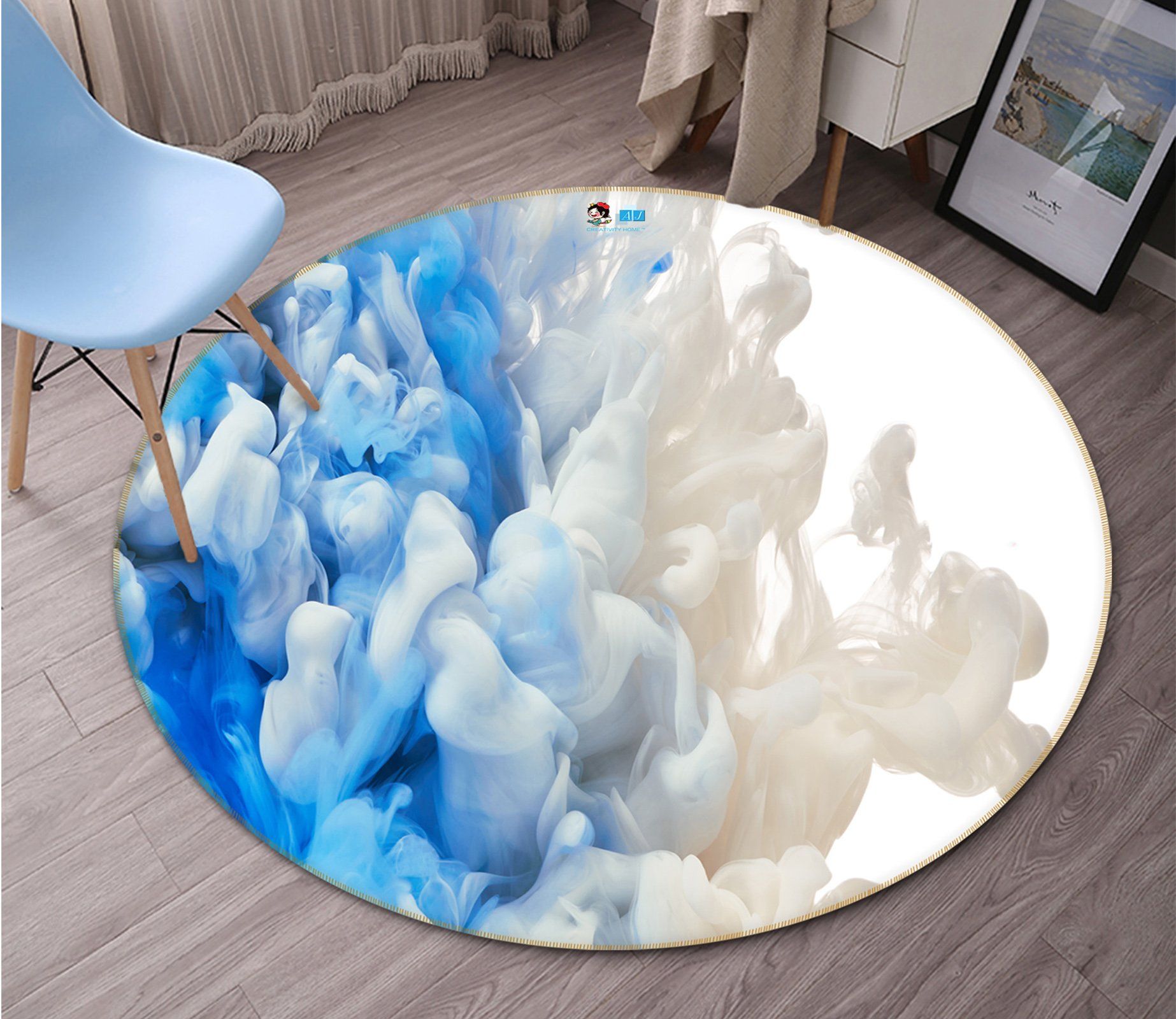 3D Blue And White Smoke 62 Round Non Slip Rug Mat Mat AJ Creativity Home 