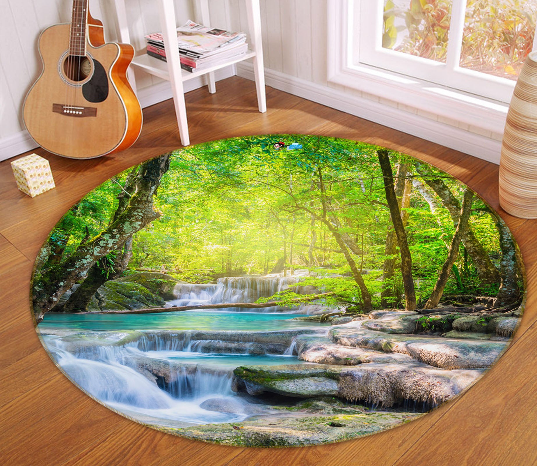 3D Forest Running Water 69103 Round Non Slip Rug Mat