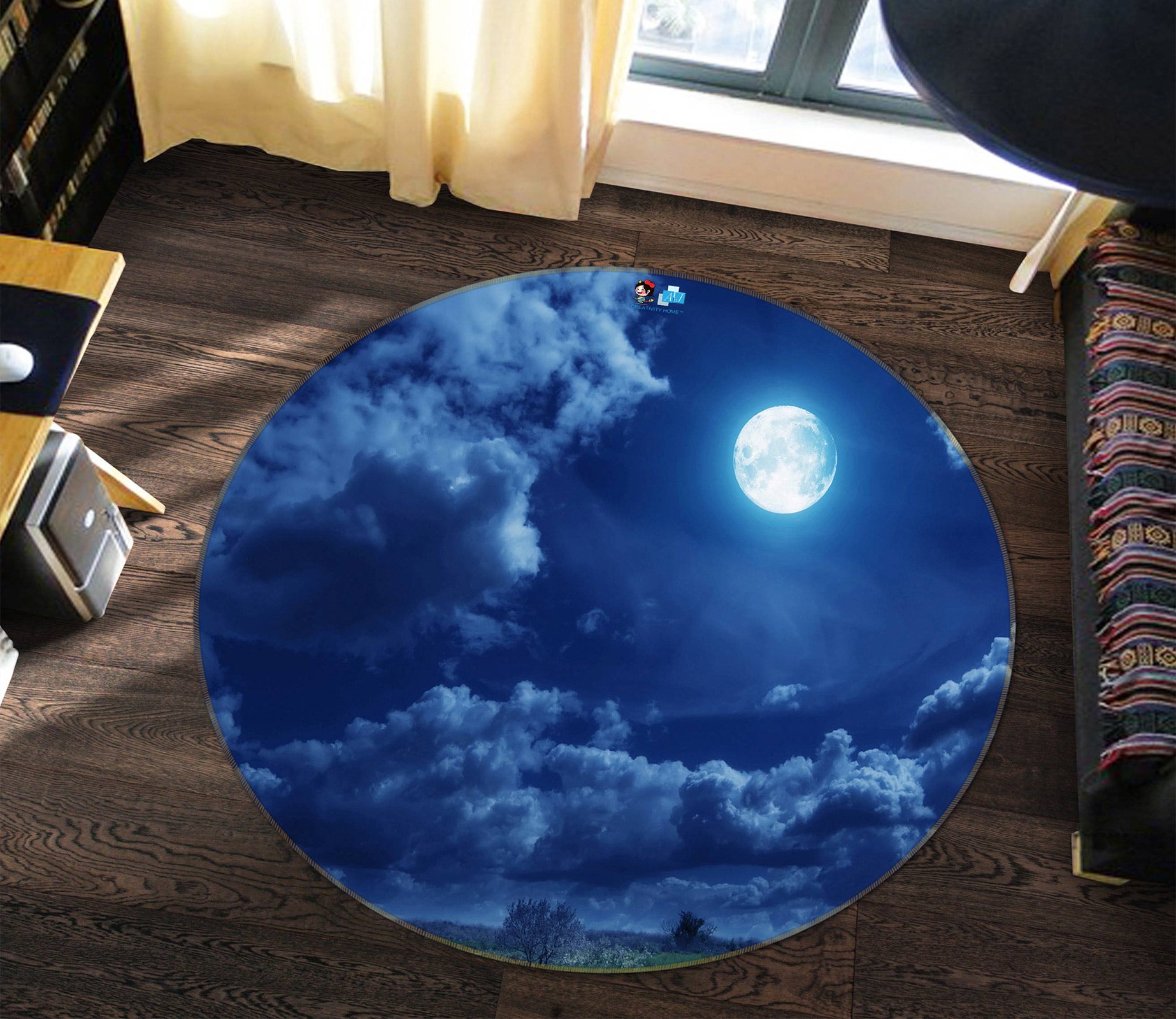 3D Cloud Moon 73002 Round Non Slip Rug Mat