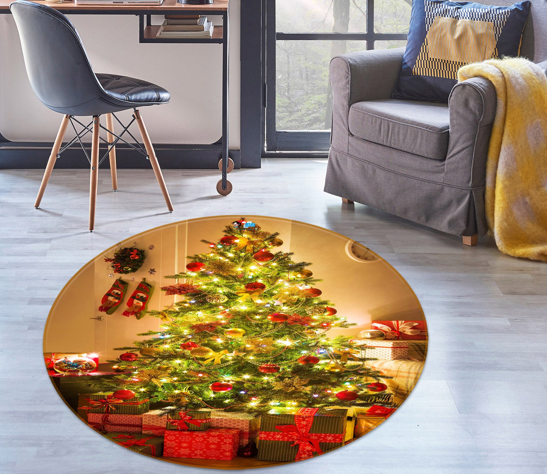 3D Tree Gift 54147 Christmas Round Non Slip Rug Mat Xmas