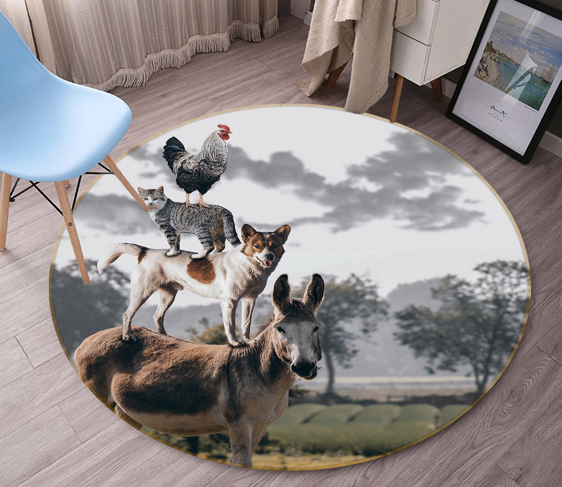 3D Donkey Dog Cat Chicken 37167 Animal Round Non Slip Rug Mat