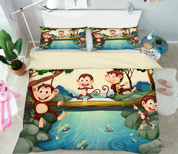 3D Wooden Bridge River Monkey 60060 Bed Pillowcases Quilt