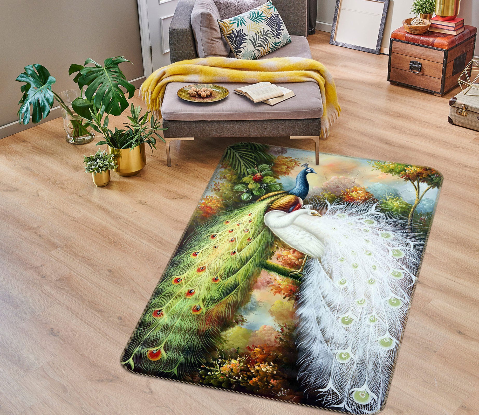 3D Green White Peacock 27041 Non Slip Rug Mat