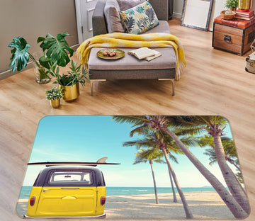 3D Seaside Coconut Tree Yellow Car 68013 Vehicle Non Slip Rug Mat