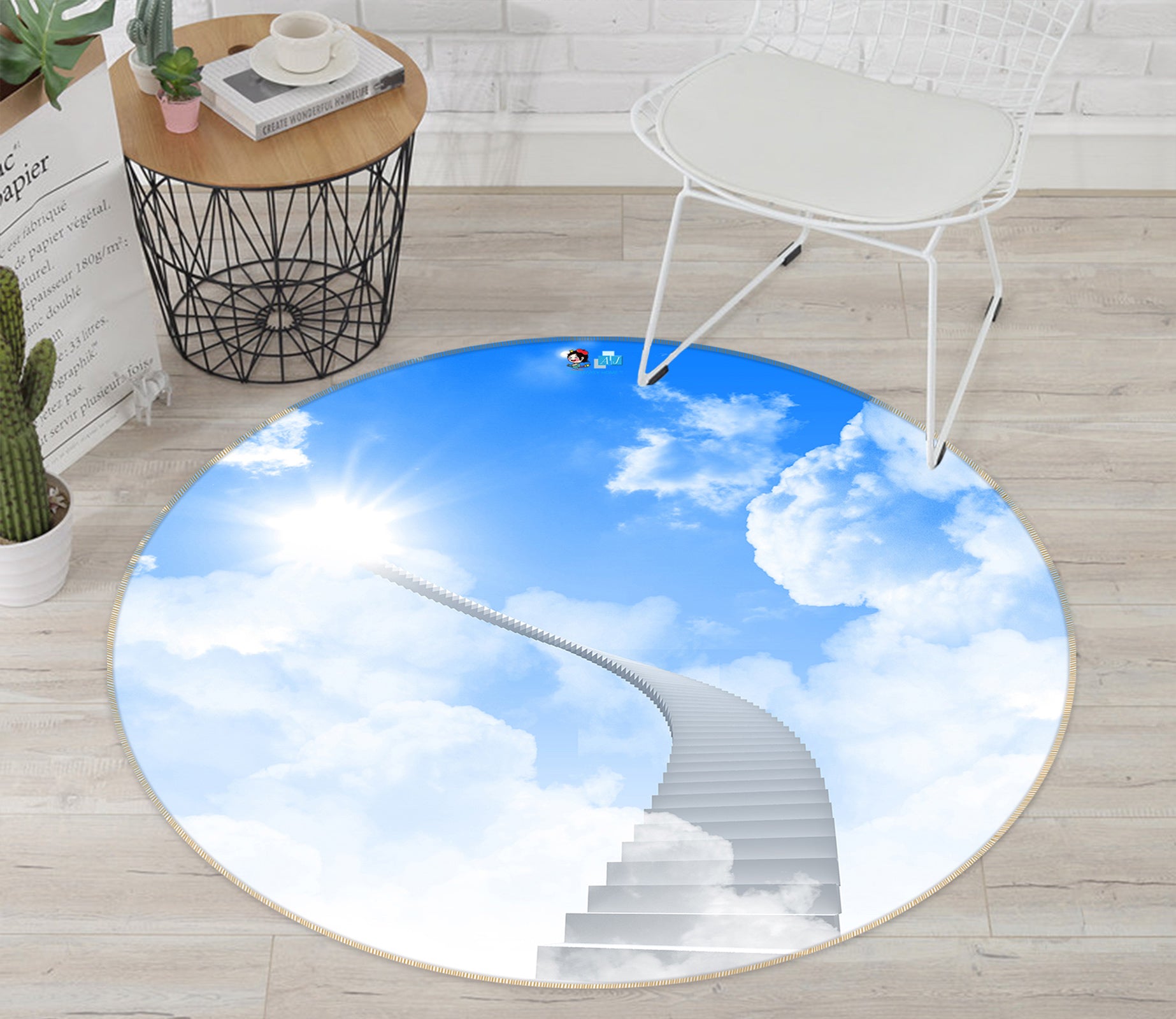 3D Stairs Blue Sky White Clouds 72278 Round Non Slip Rug Mat