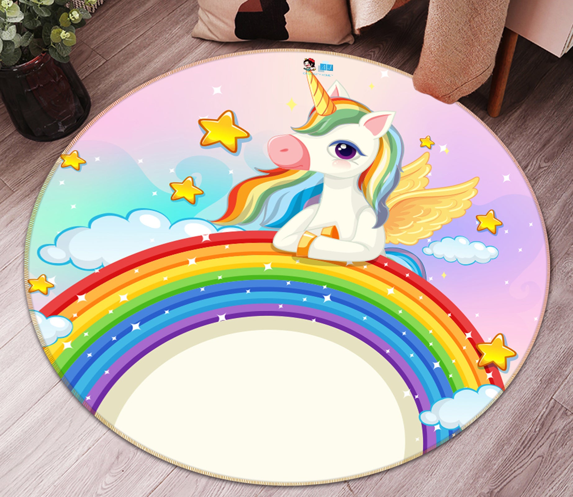 3D Rainbow Cloud Unicorn 81120 Round Non Slip Rug Mat