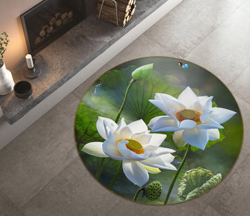 3D White Lotus 71170 Round Non Slip Rug Mat