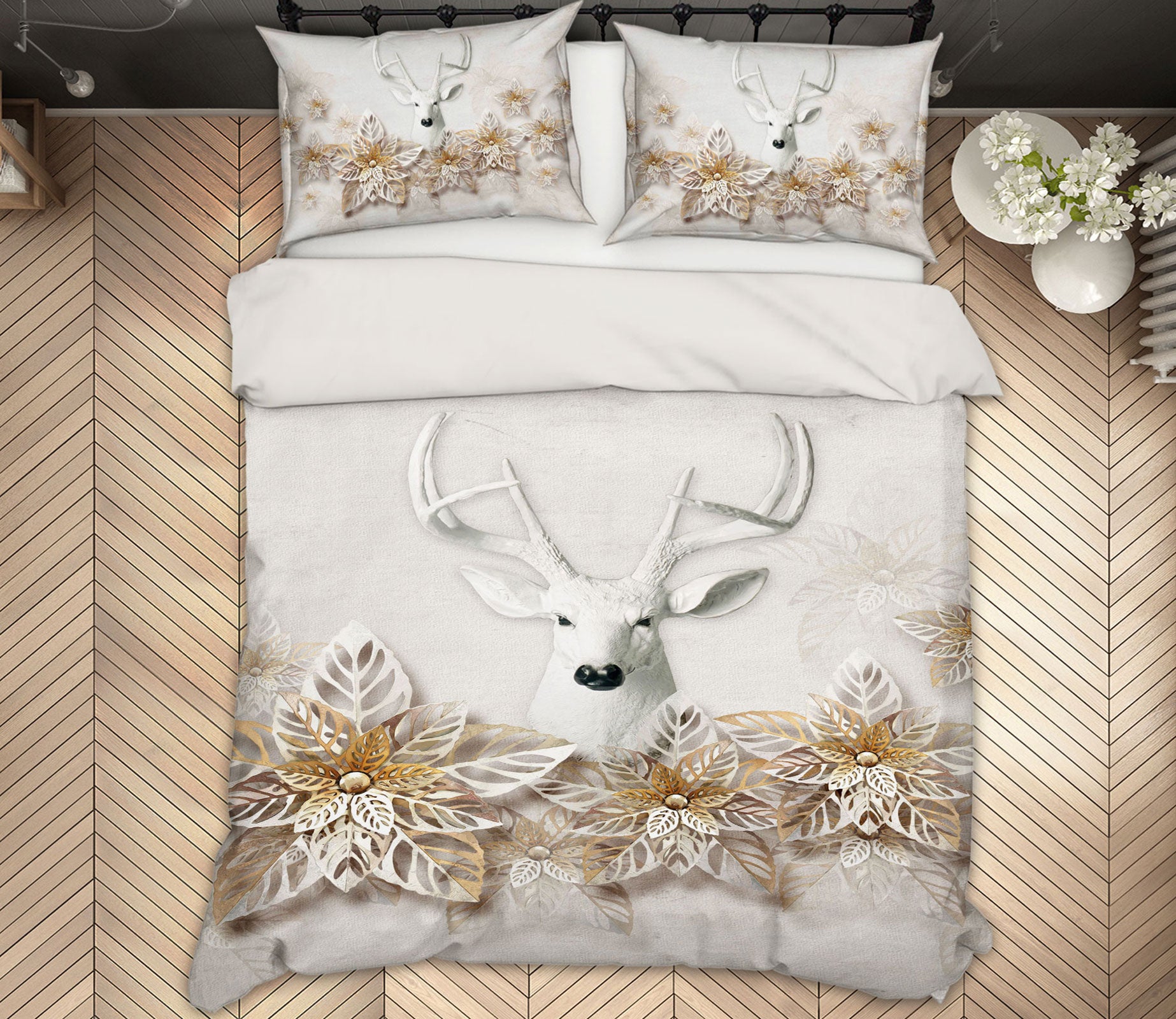 3D White Deer Flowers 13015 Bed Pillowcases Quilt