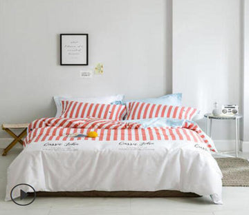 3D White Red Vertical Stripes 14098 Bed Pillowcases Quilt