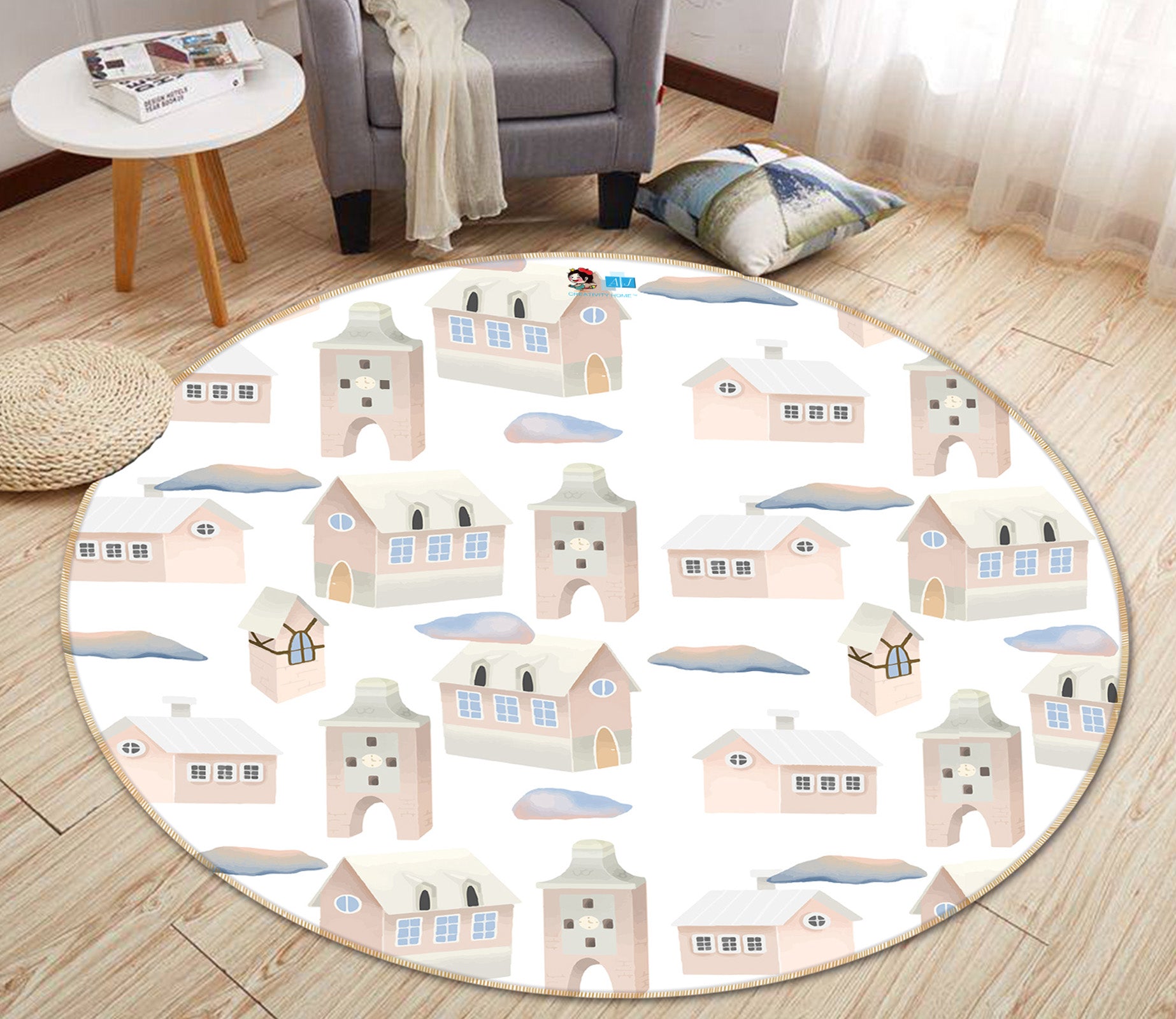 3D House Building Pattern 81148 Round Non Slip Rug Mat