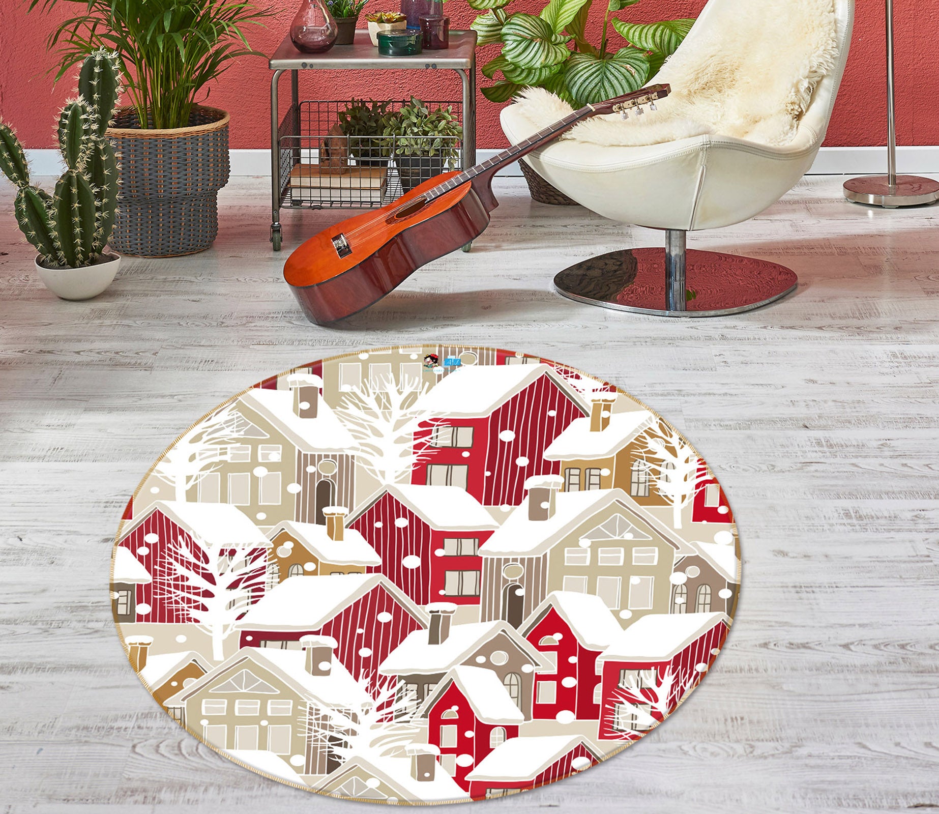 3D Snow Red House 54174 Christmas Round Non Slip Rug Mat Xmas