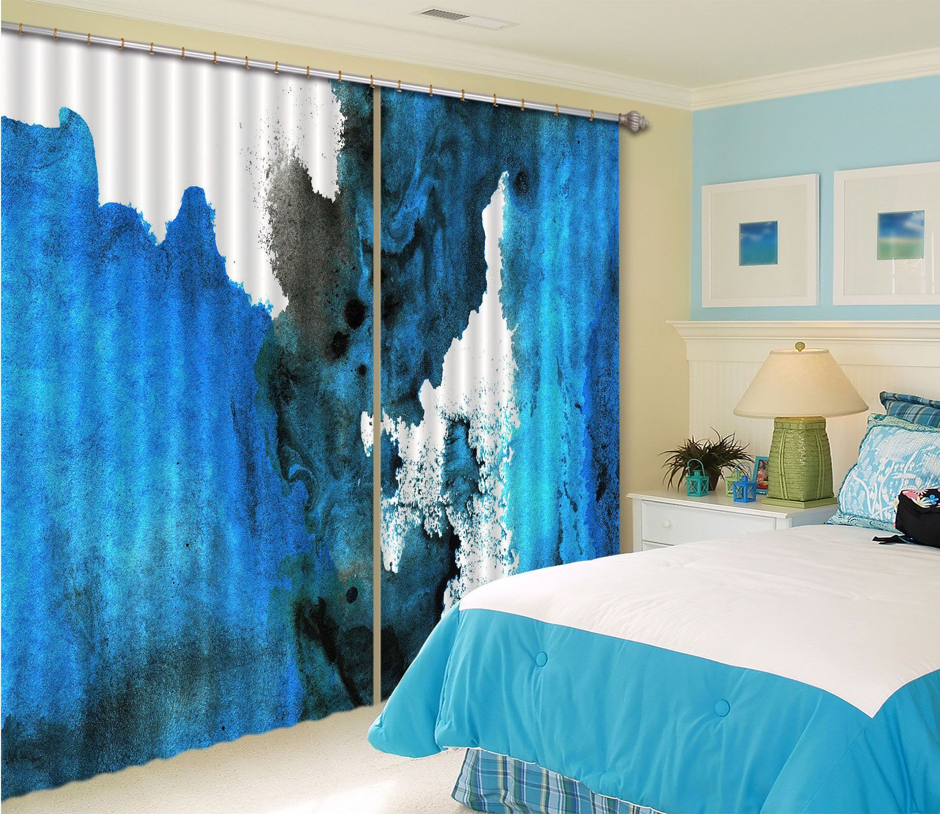 3D Irregular Gouache Blue 39 Curtains Drapes Curtains AJ Creativity Home 