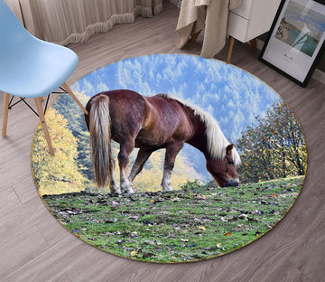 3D Horse Eating Grass 82230 Animal Round Non Slip Rug Mat