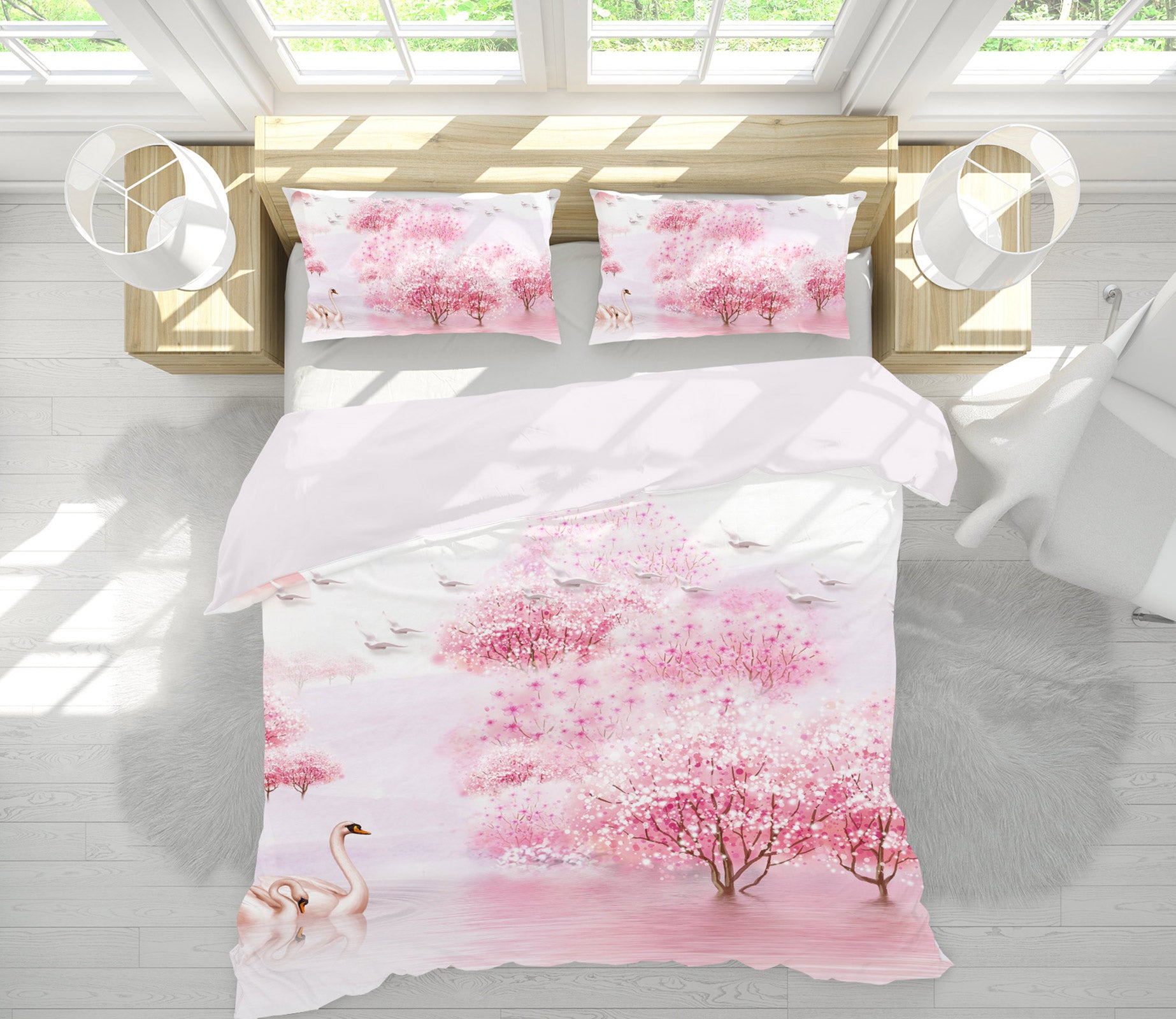 3D Pink Tree Swan 13022 Bed Pillowcases Quilt