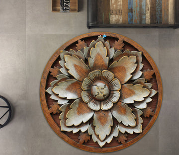 3D Wood Carving Pattern 72077 Round Non Slip Rug Mat