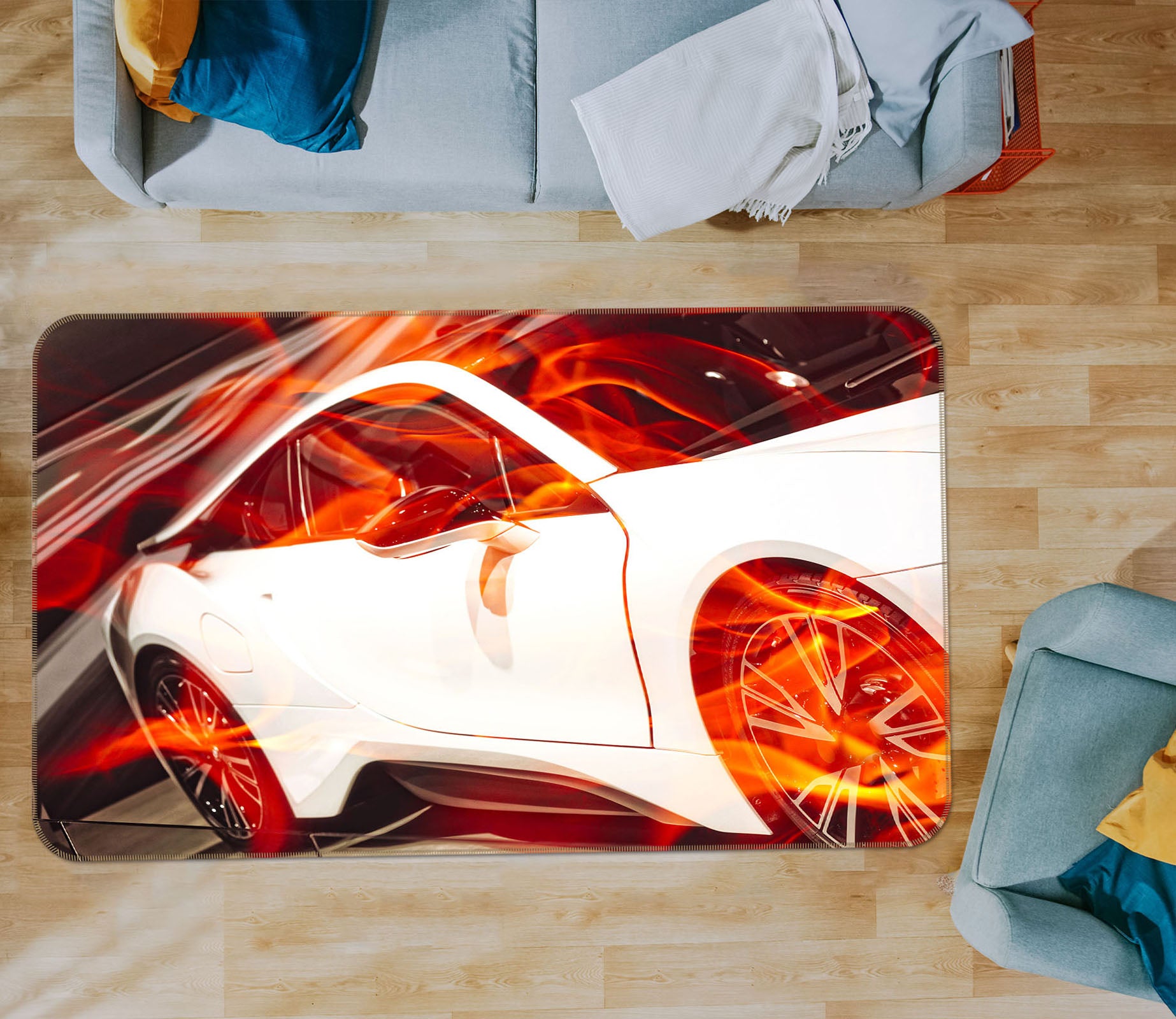 3D White Car Flame 42106 Vehicle Non Slip Rug Mat