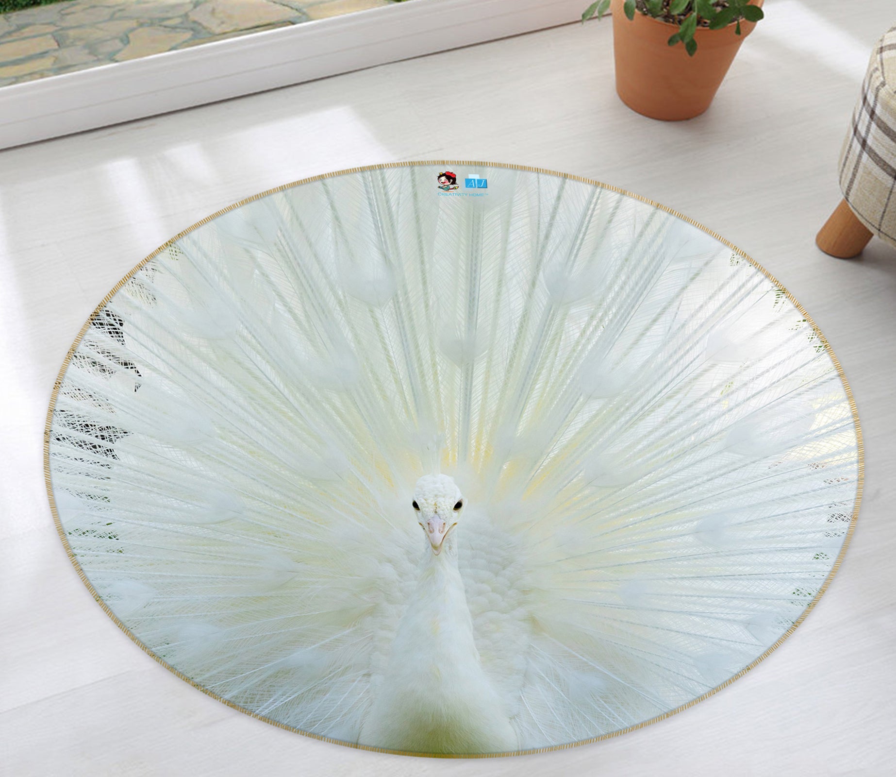 3D White Peacock 81232 Round Non Slip Rug Mat