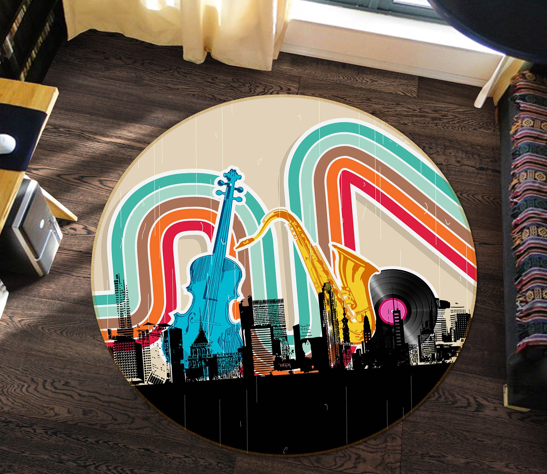 3D Rainbow Musical Instrument 29074 Round Non Slip Rug Mat