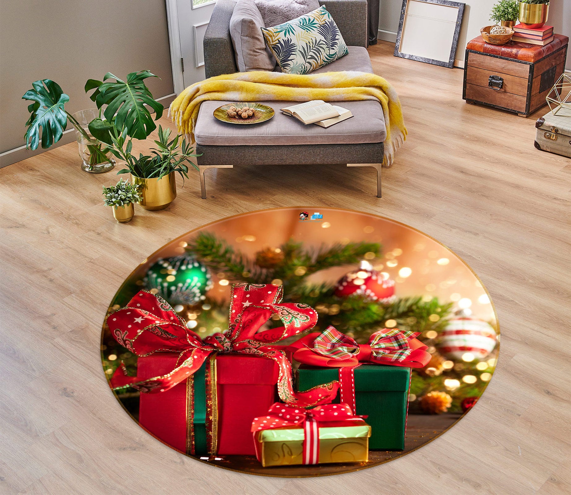 3D Gift Box 54086 Christmas Round Non Slip Rug Mat Xmas