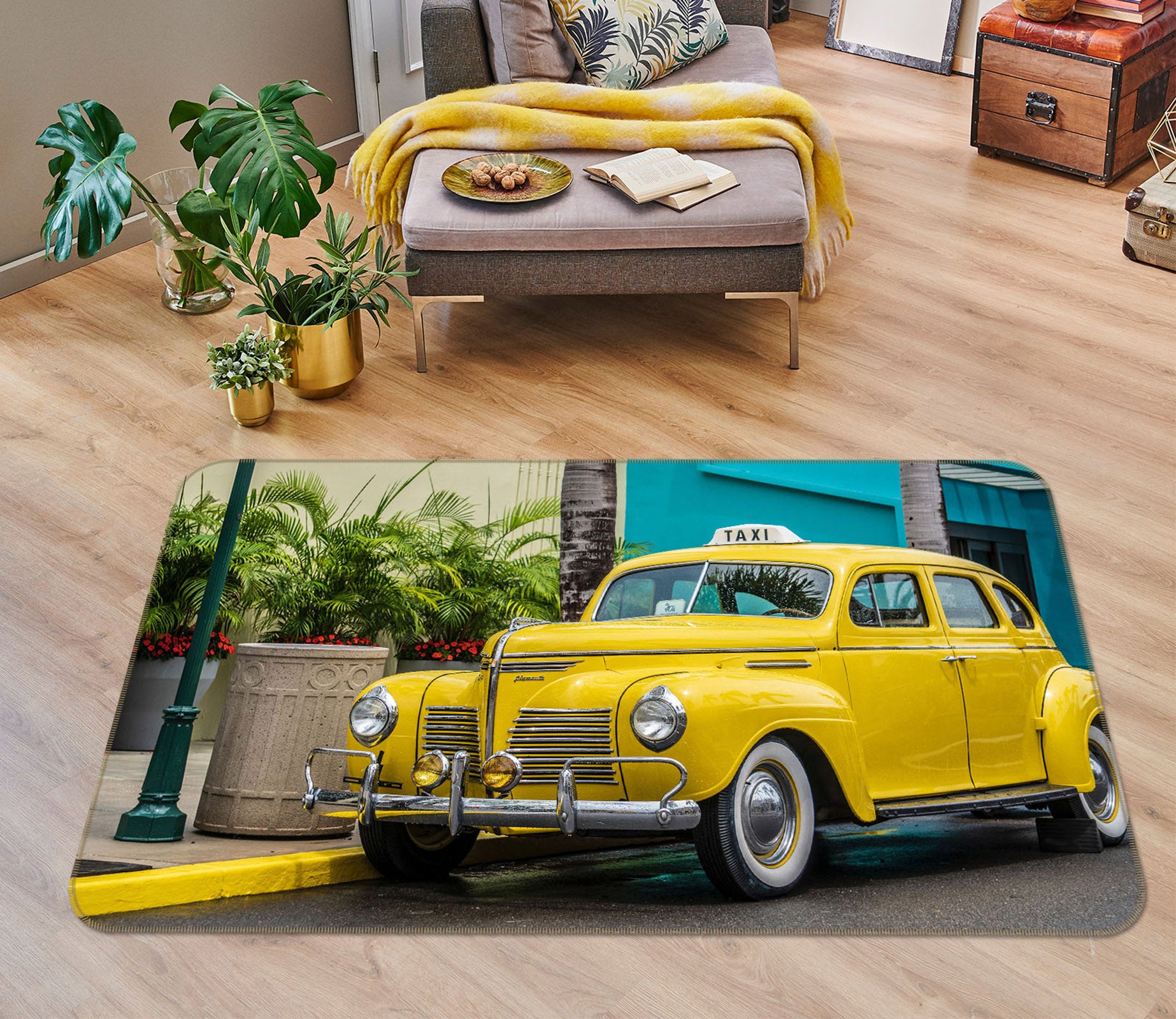 3D Yellow Car 68052 Vehicle Non Slip Rug Mat