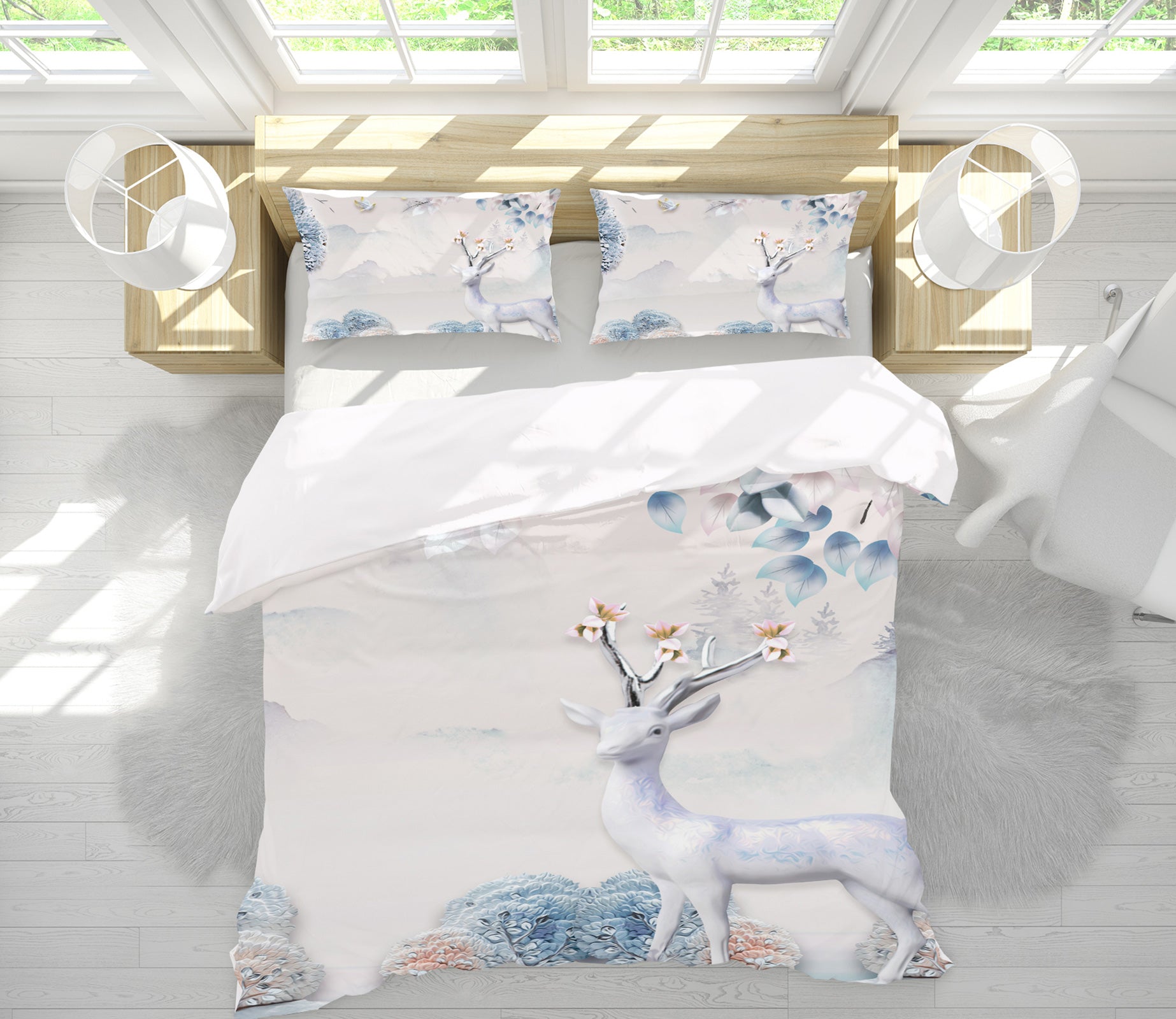 3D White Deer 12077 Bed Pillowcases Quilt