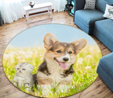 3D Grassland Cat Dog 29007 Round Non Slip Rug Mat