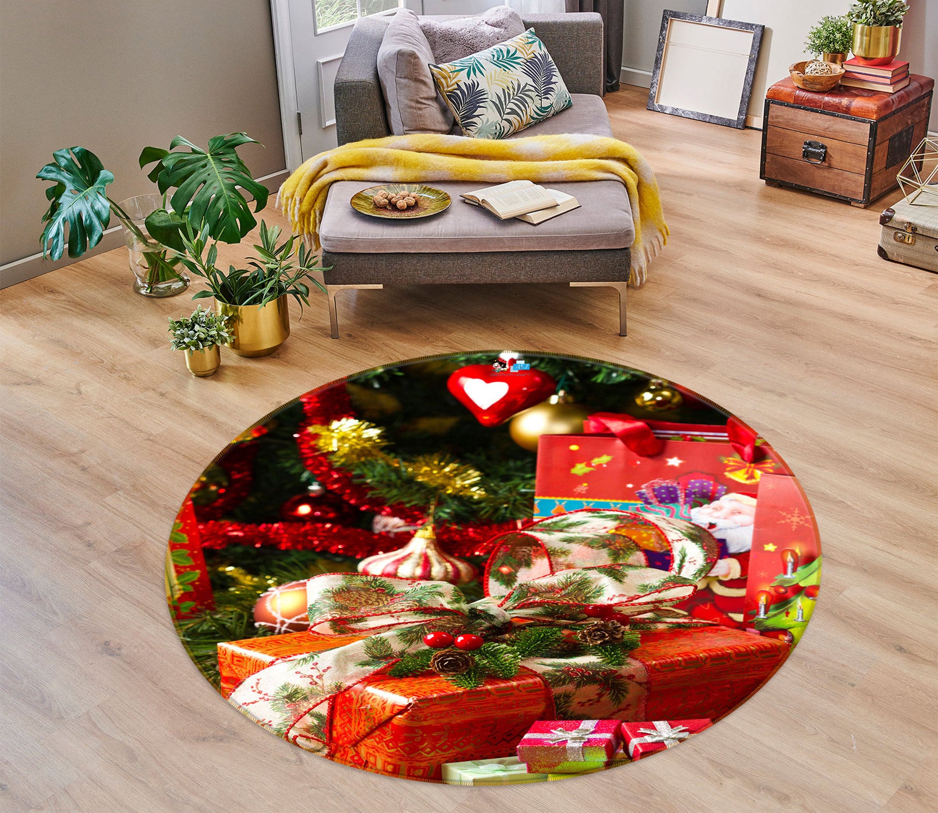 3D Gift Box 54010 Christmas Round Non Slip Rug Mat Xmas