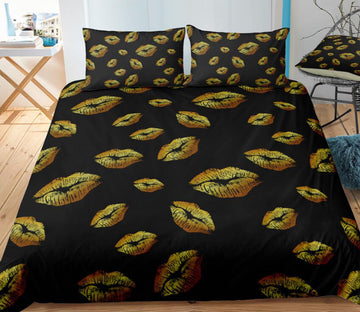 3D Gold Lips On Black 6121 Bed Pillowcases Quilt