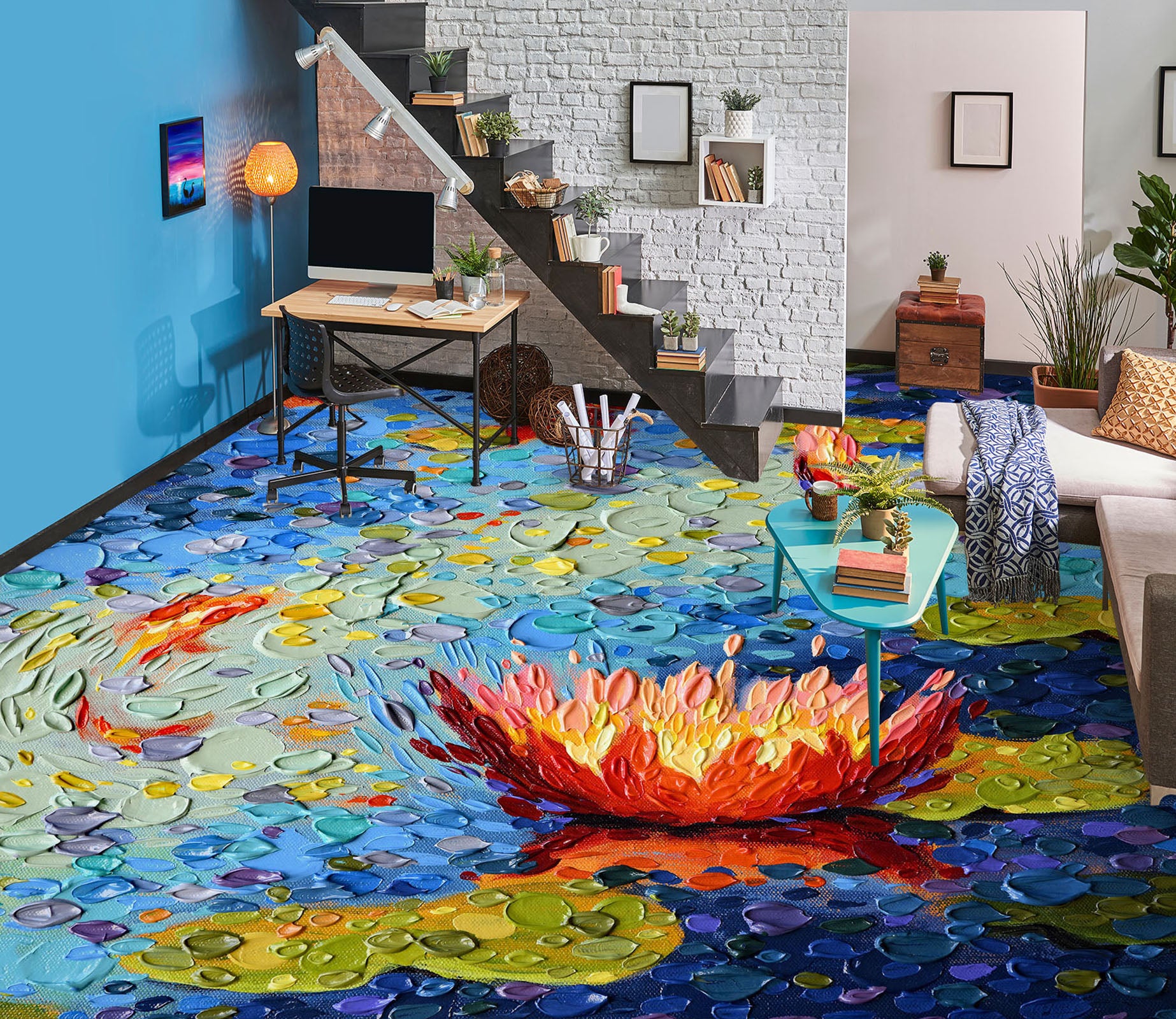 3D Red Lotus Pond 102159 Dena Tollefson Floor Mural