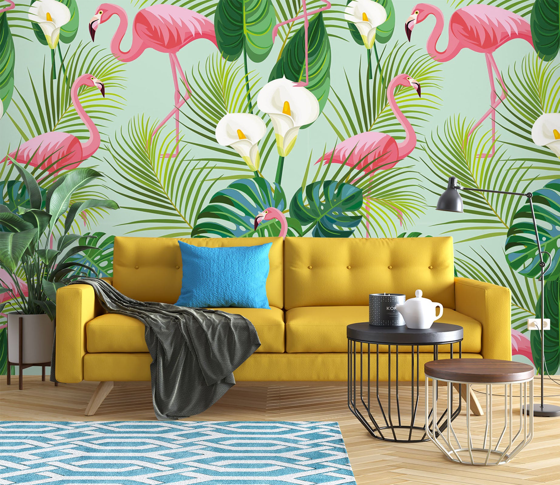 3D Flamingo Leaves 58165 Wall Murals