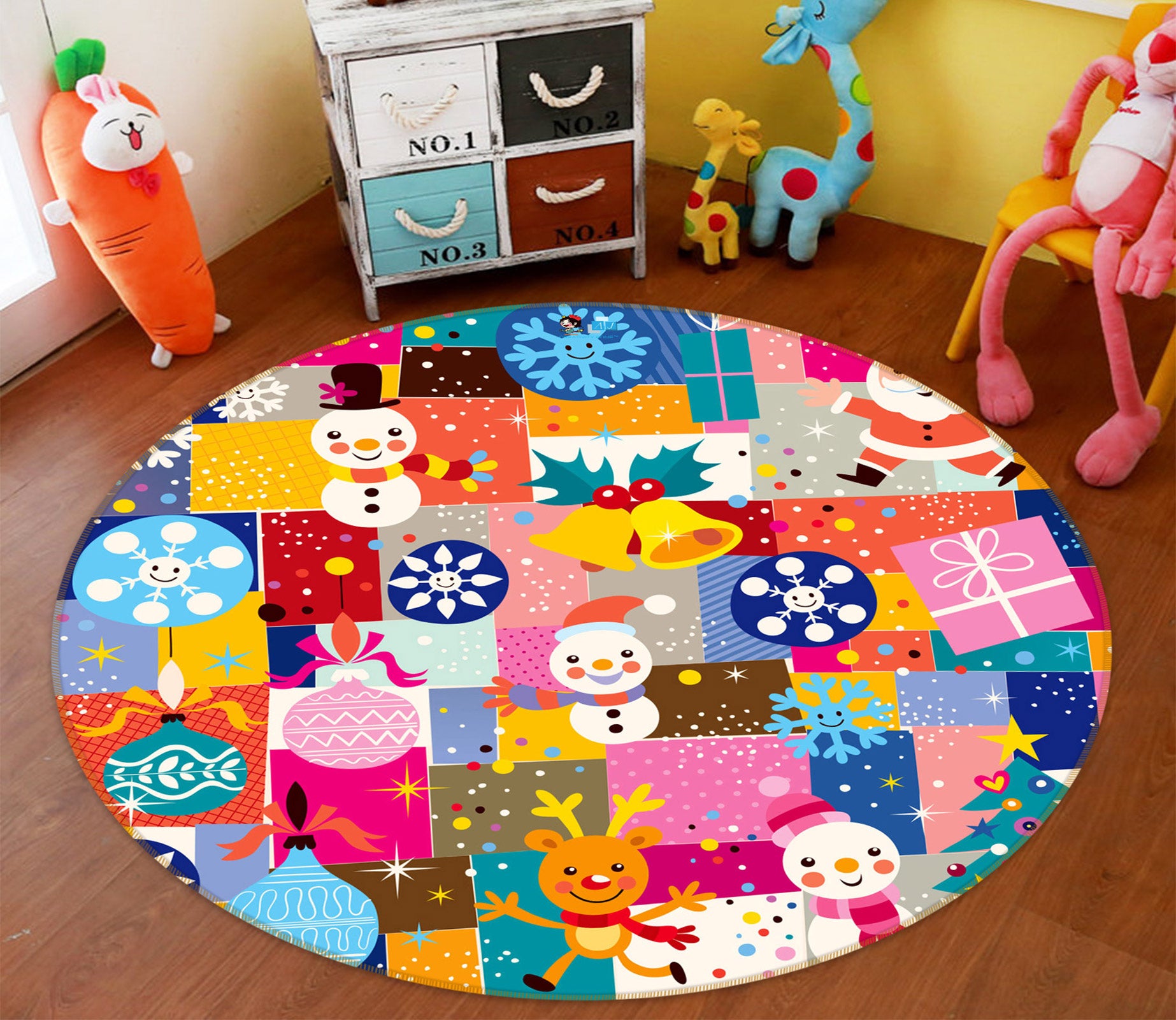 3D Color Cartoon Snowman Deer 54012 Christmas Round Non Slip Rug Mat Xmas
