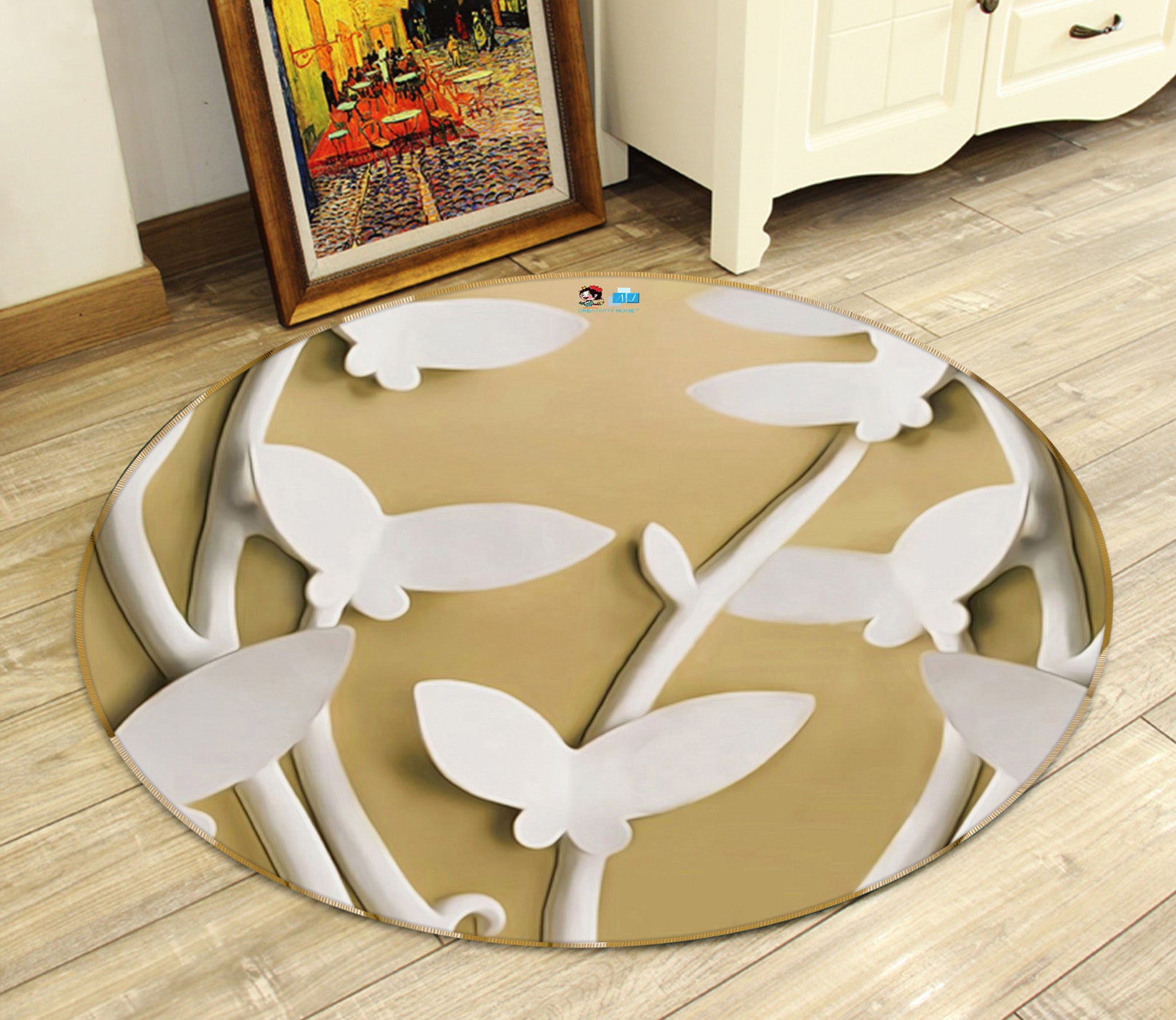 3D Embossed Butterfly 74020 Round Non Slip Rug Mat