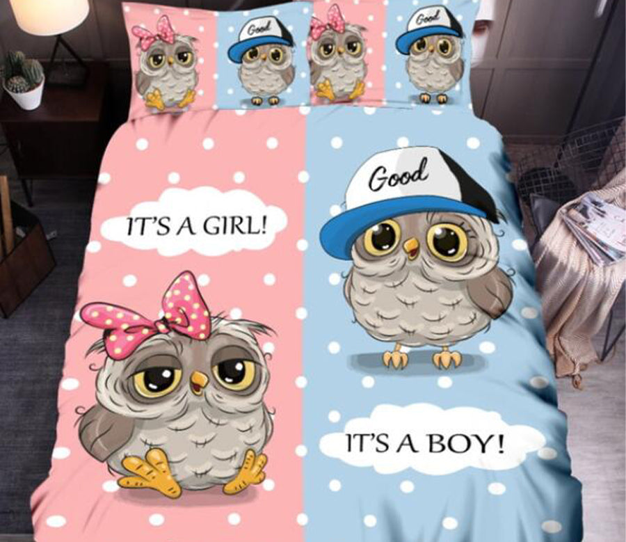 3D Pink Blue Cartoon Owl 8160 Bed Pillowcases Quilt